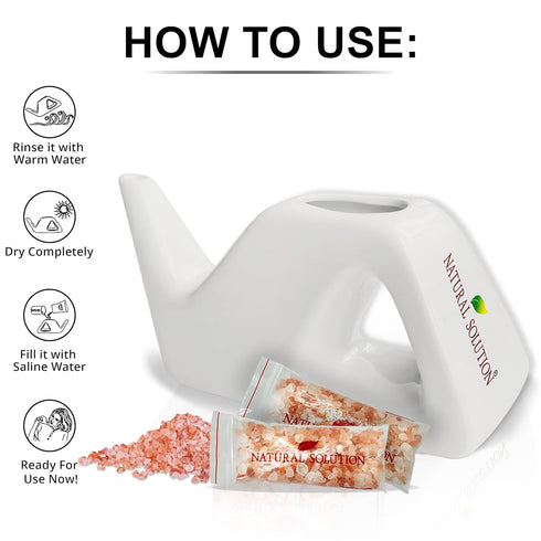 Natural Solution Ceramic Neti Pot Sinus Wash Salt Inhaler